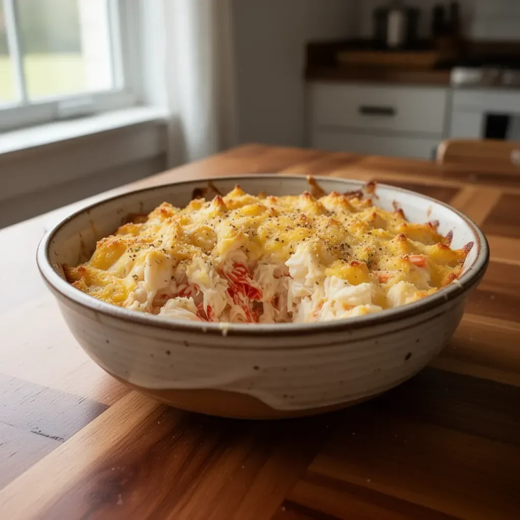 Delicious crab casserole topped with breadcrumbs, ready to serve.