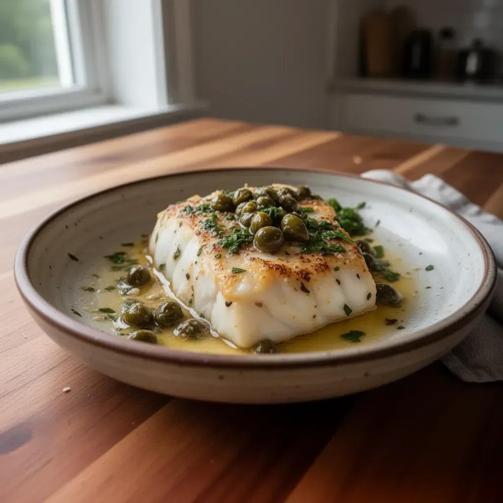 Delicious plate of Haddock Piccata garnished with capers and lemon.