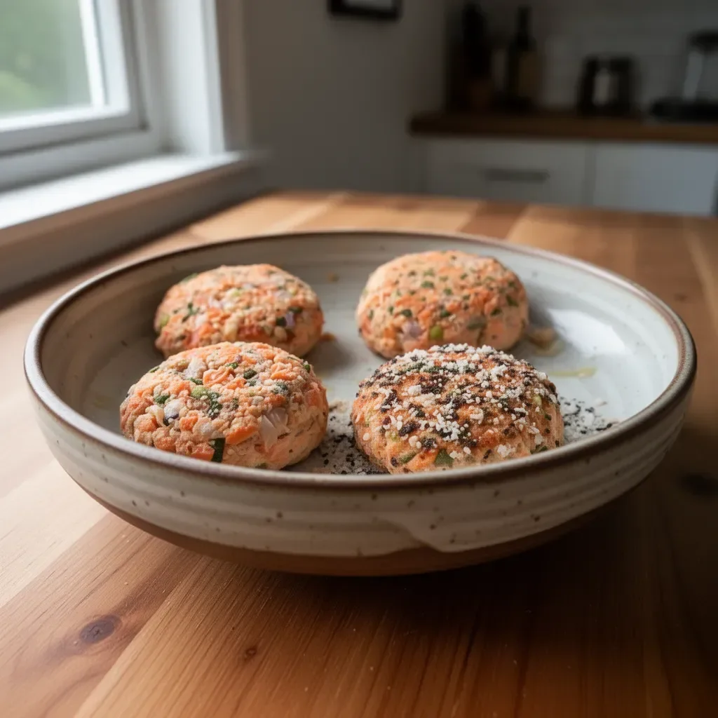 Delicious homemade salmon patties served with a side of tartar sauce.