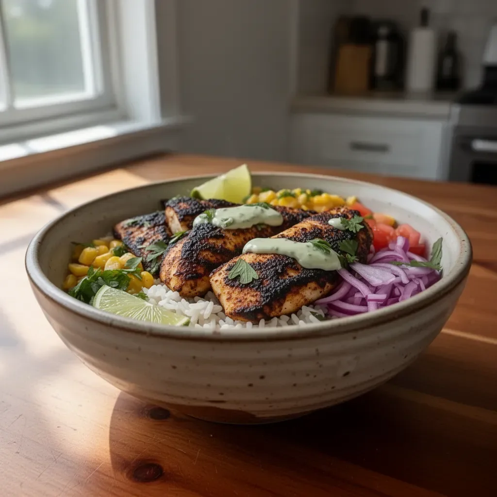 Delicious blackened fish taco bowls topped with fresh ingredients and served in a bowl.
