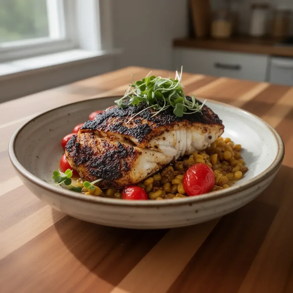 Plate of perfectly cooked Blackened Halibut with spices and herbs