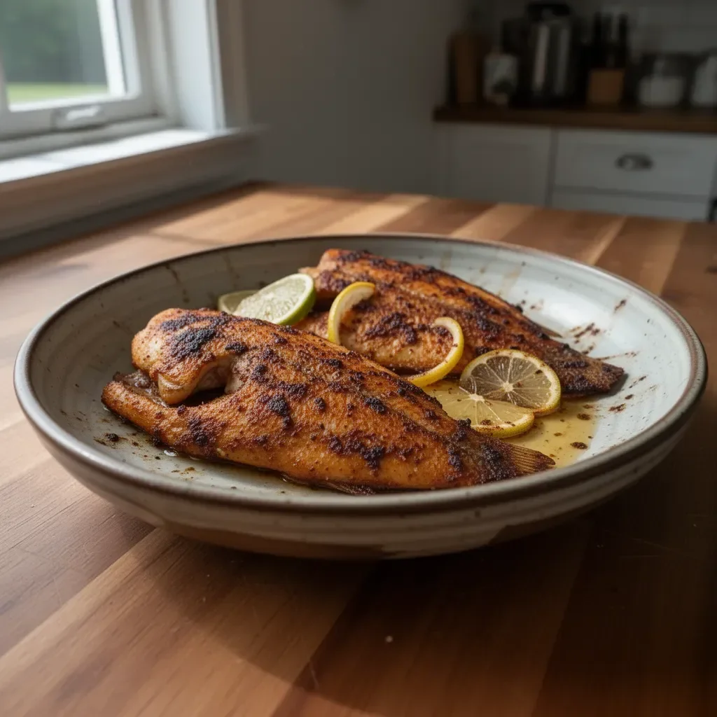 Plate of blackened red snapper served with lemon and herbs