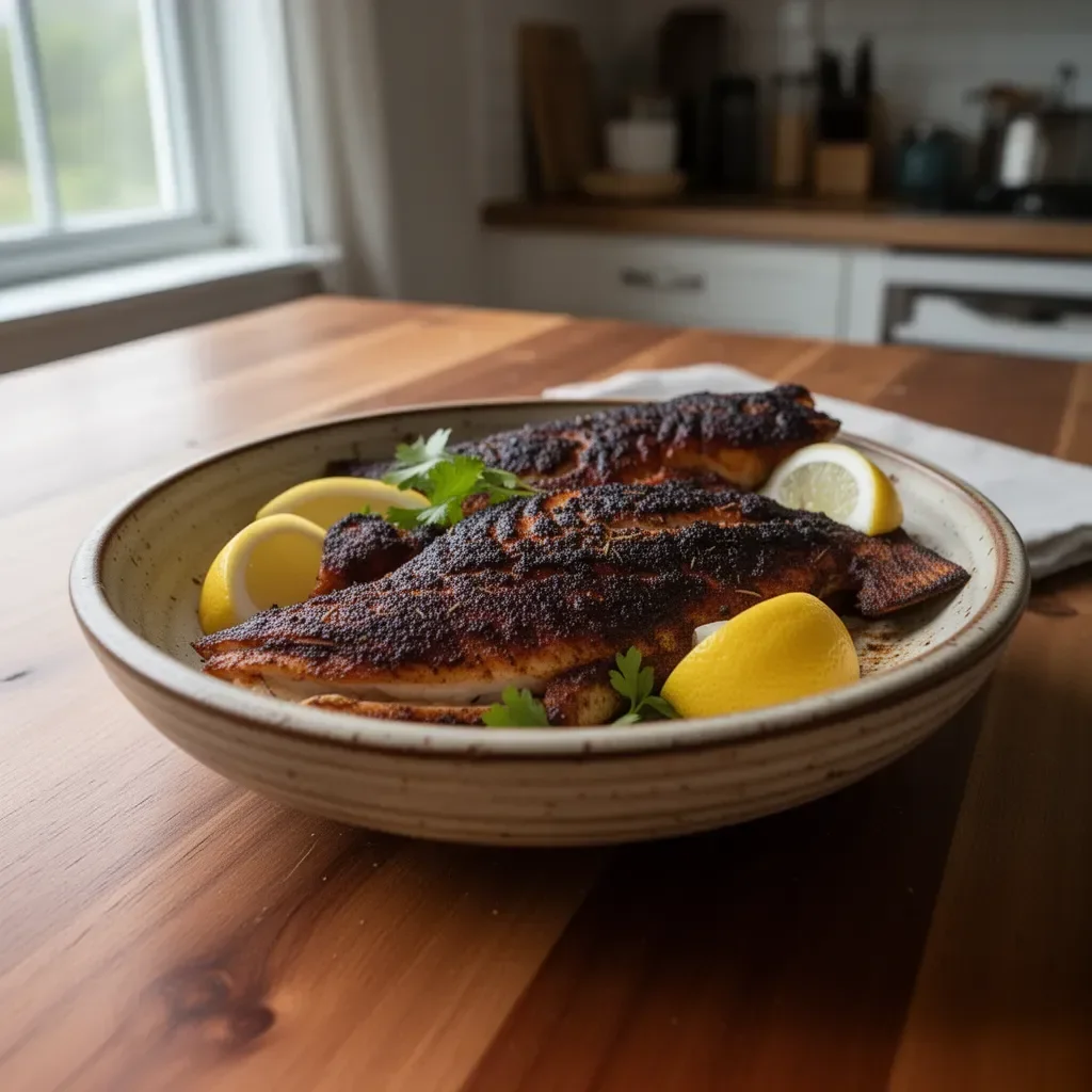 Grilled blackened red snapper with spices served on a plate.