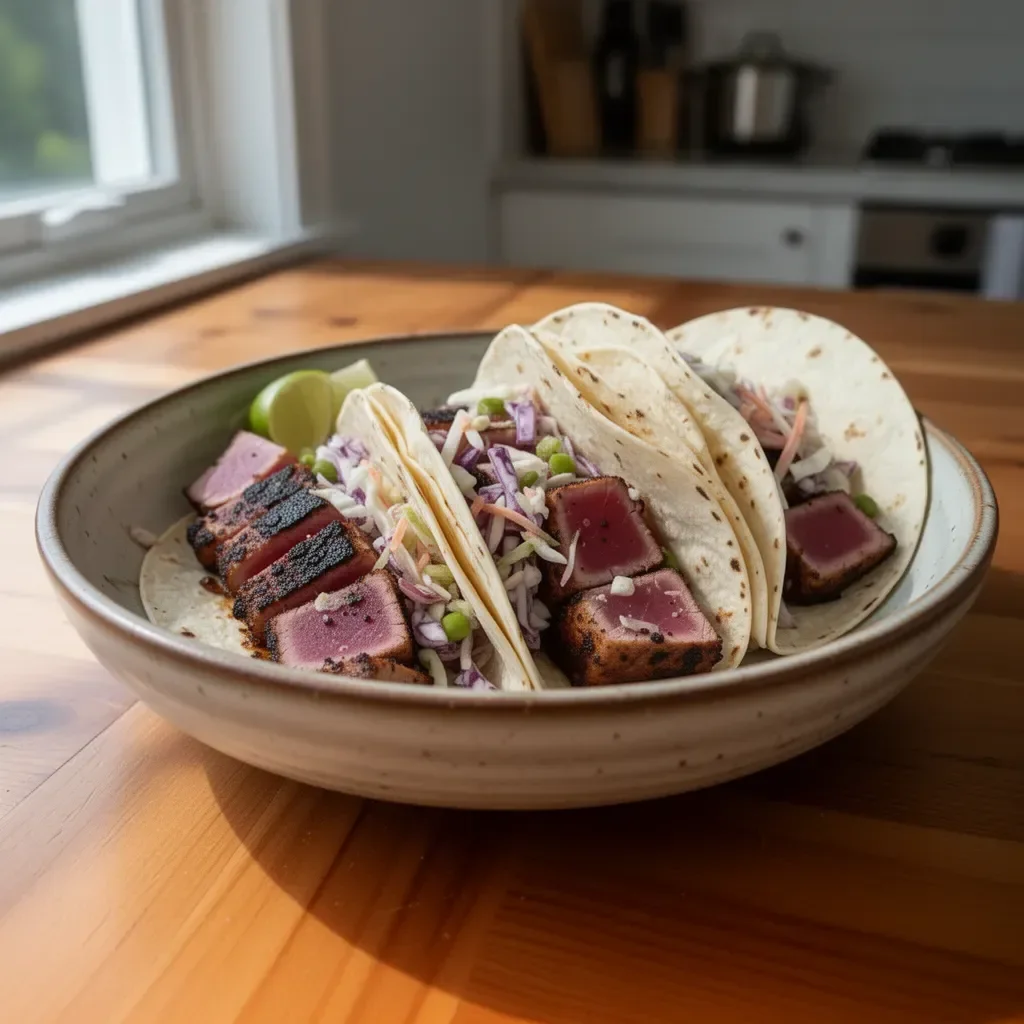 Blackened seared tuna tacos served with fresh toppings and lime wedges.