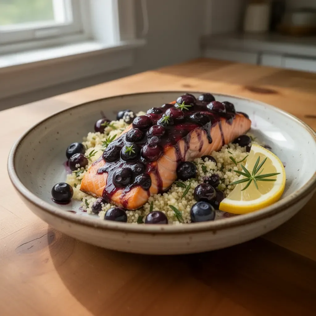 Blueberry glazed salmon served with lemon herb couscous on a plate