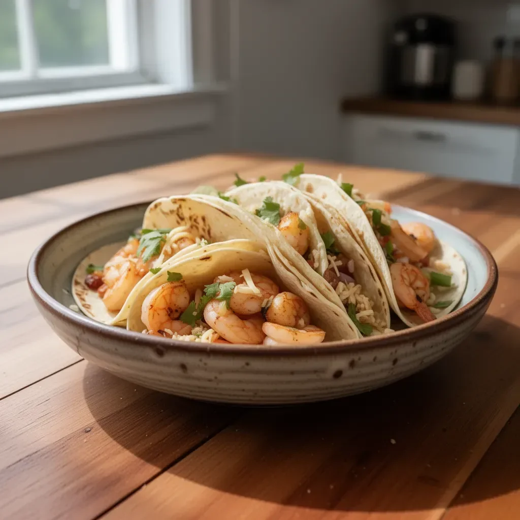Bobby Flay’s delicious shrimp tacos served with fresh toppings and garnishes.