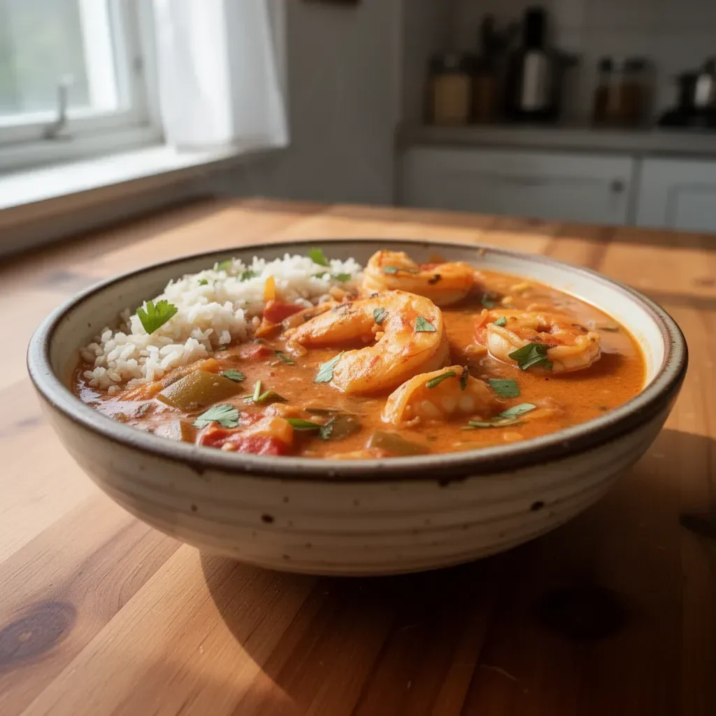 Bowl of Brazilian Coconut Shrimp Stew with shrimp, coconut milk, and herbs