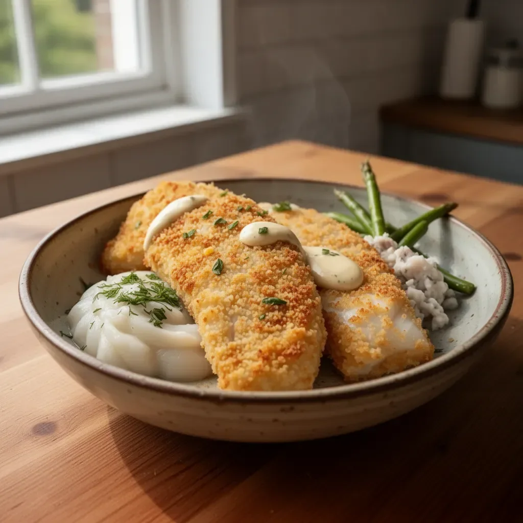 Breaded and baked haddock fish served on a plate with vegetables
