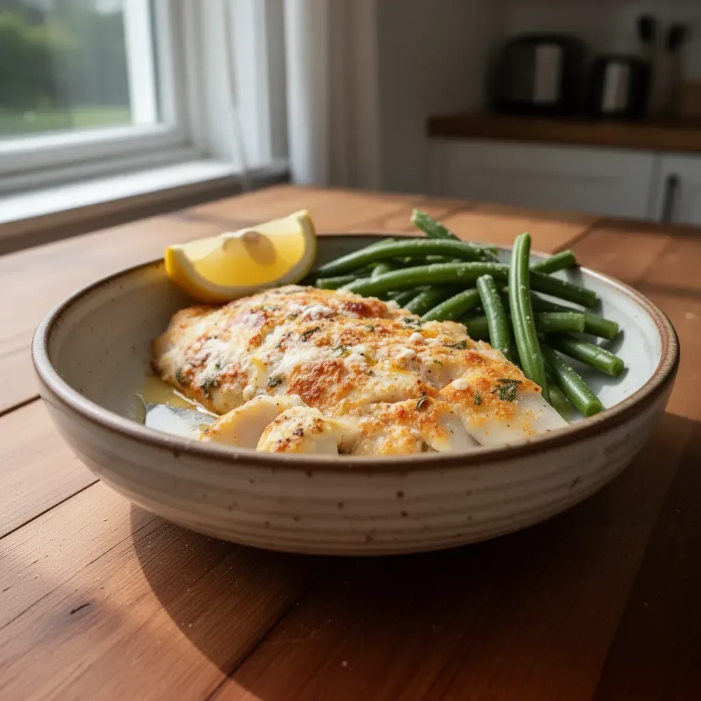 Butter-Baked Haddock fillet served with a side of vegetables