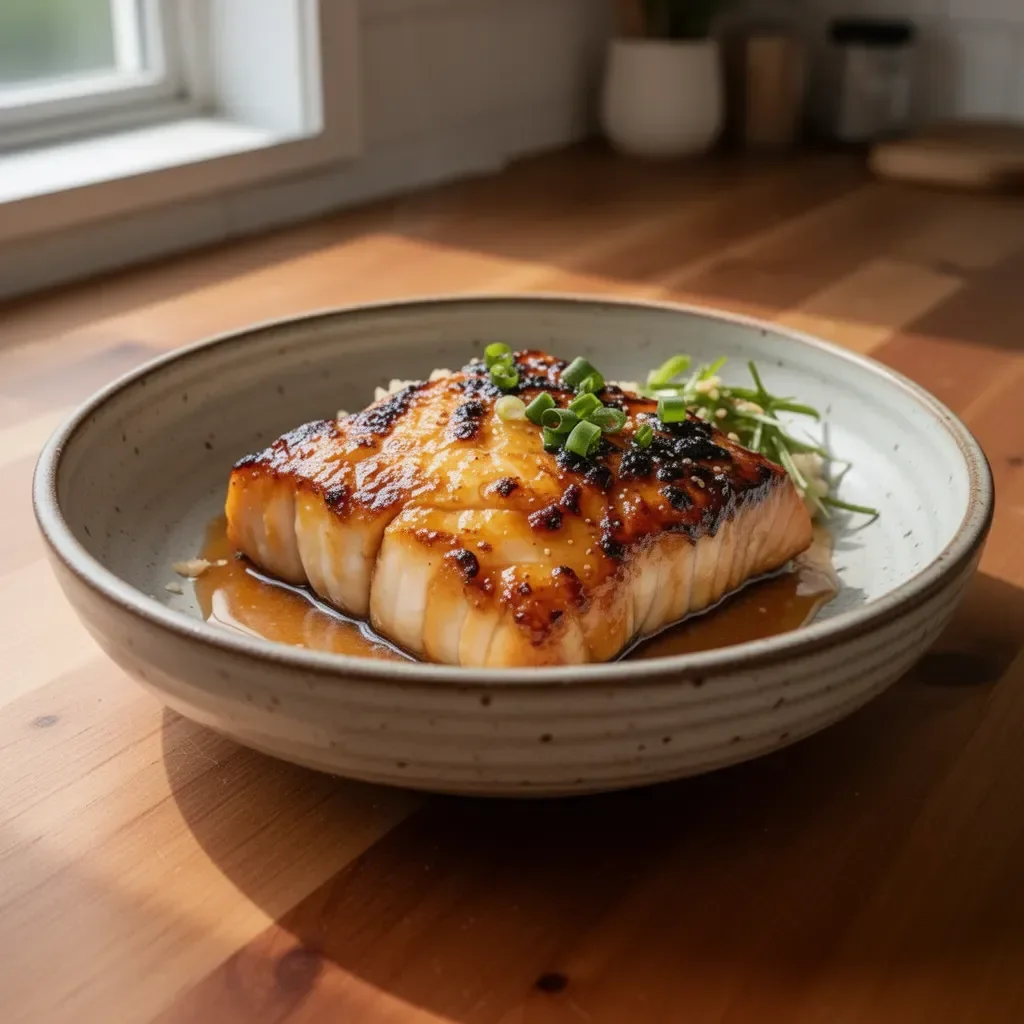 Plate of buttery miso glazed black cod garnished with herbs