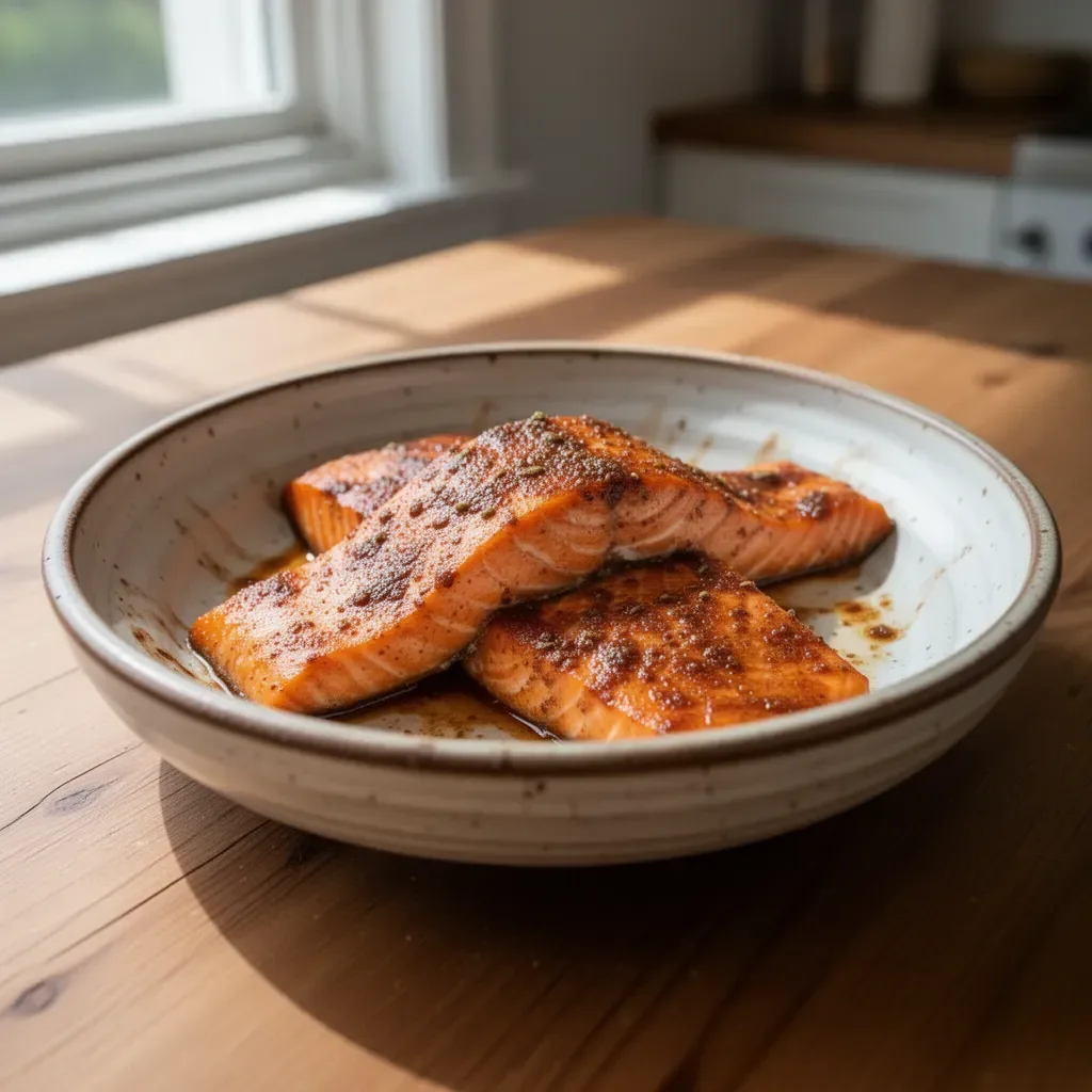 Plate of Cajun Brown Sugar Salmon garnished with herbs and spices