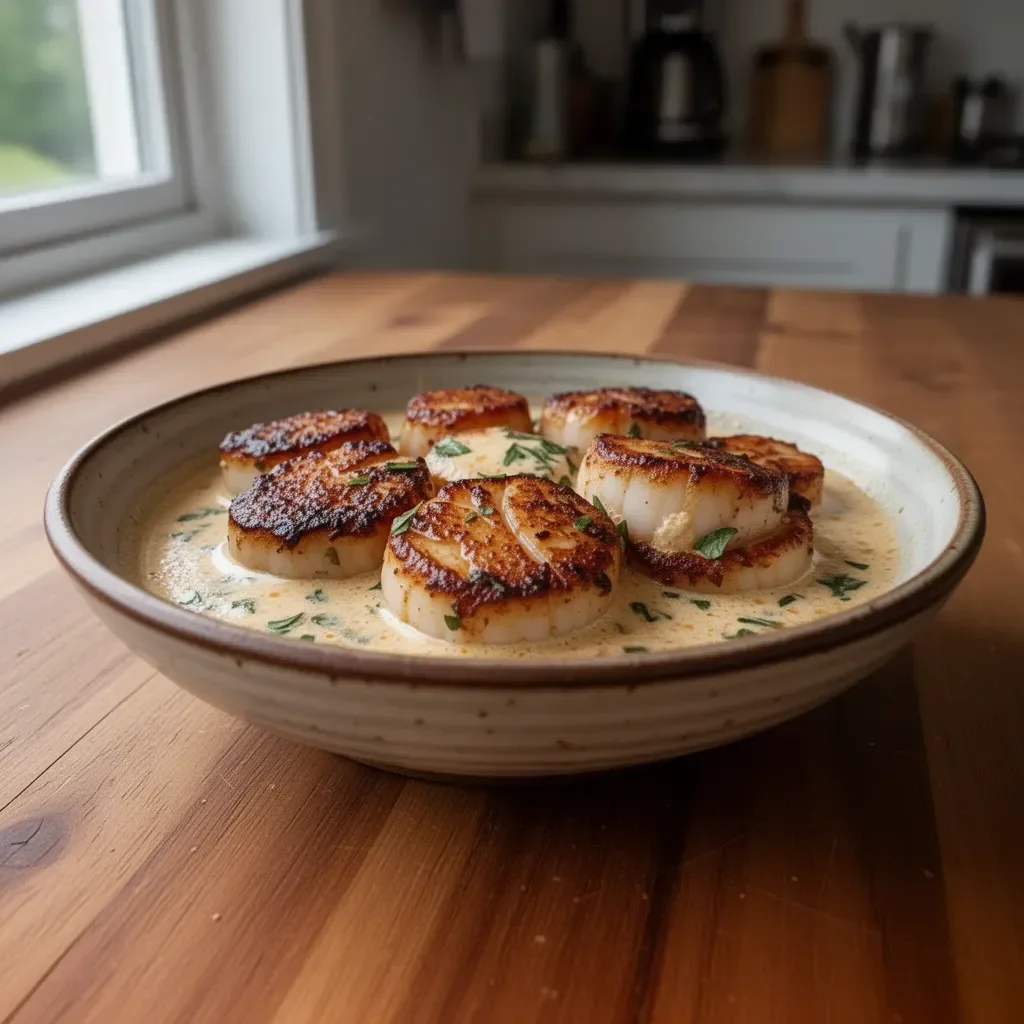 Delicious Cajun Cream Scallops dish garnished with herbs.