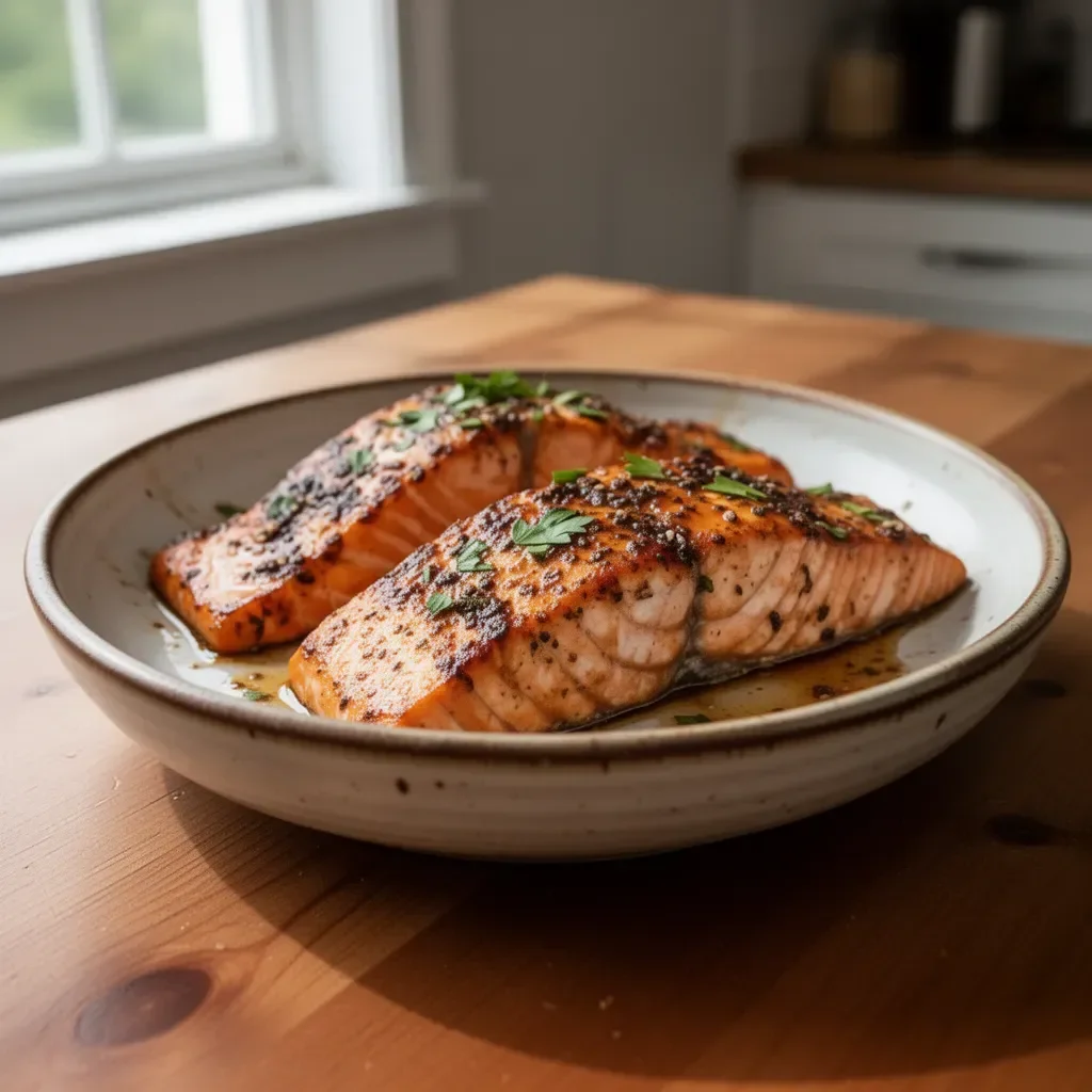Delicious Cajun Honey Butter Salmon drizzled with honey and spices on a plate