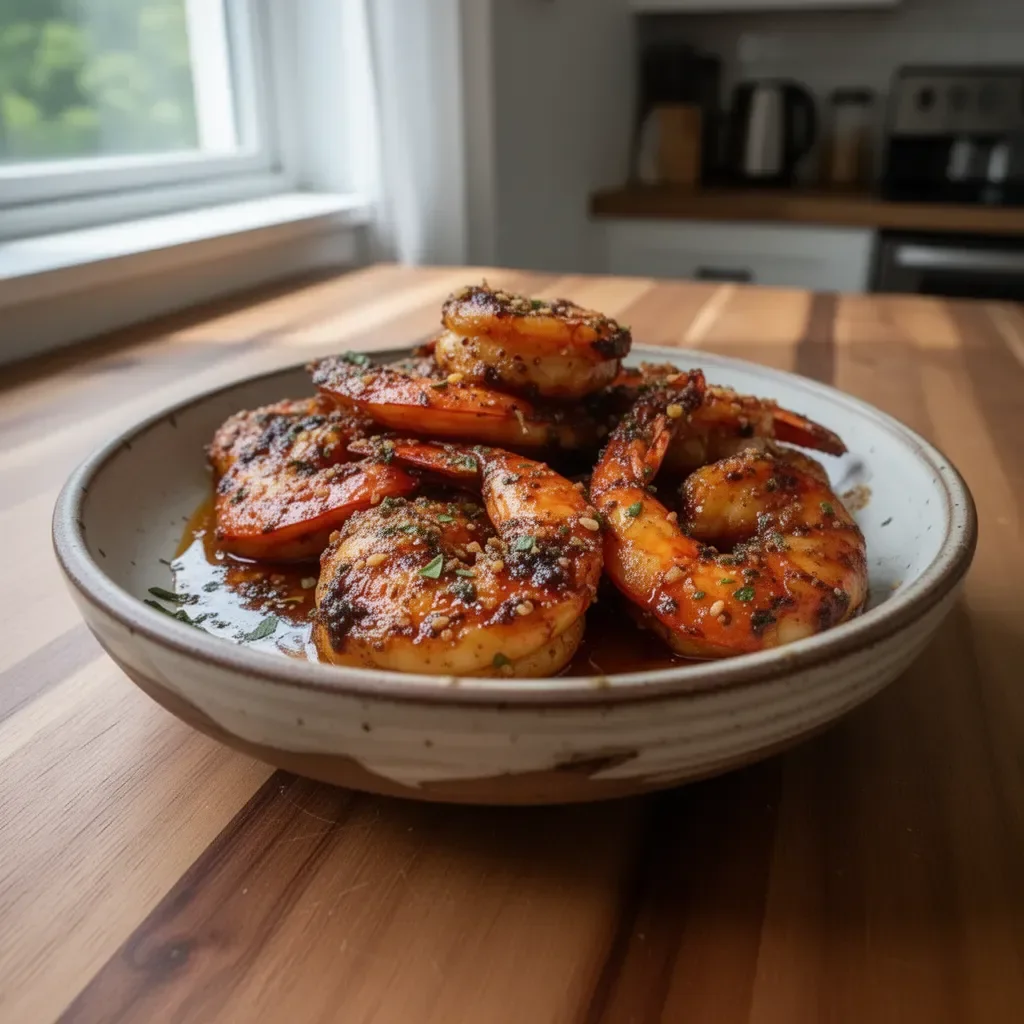 Plate of Cajun hot honey shrimp served with garnishes
