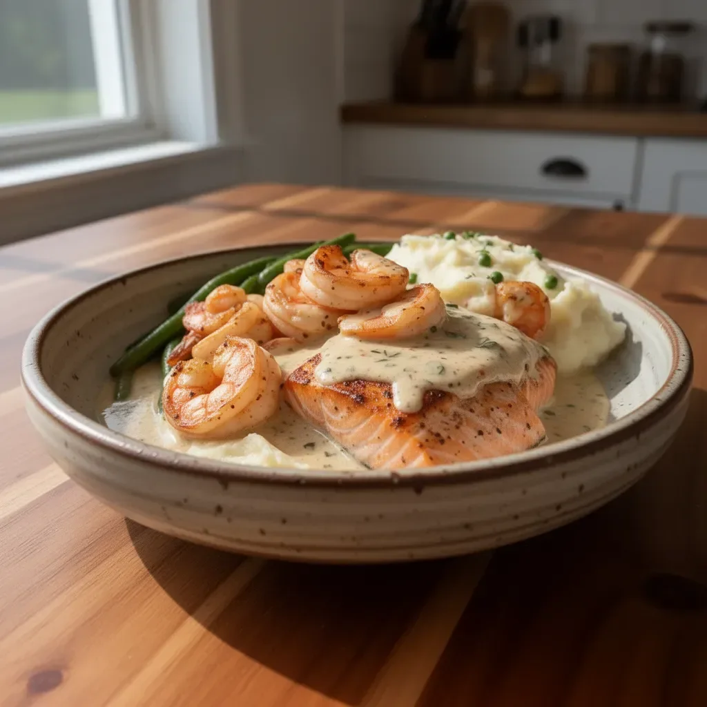 Cajun shrimp and salmon in creamy garlic sauce dish