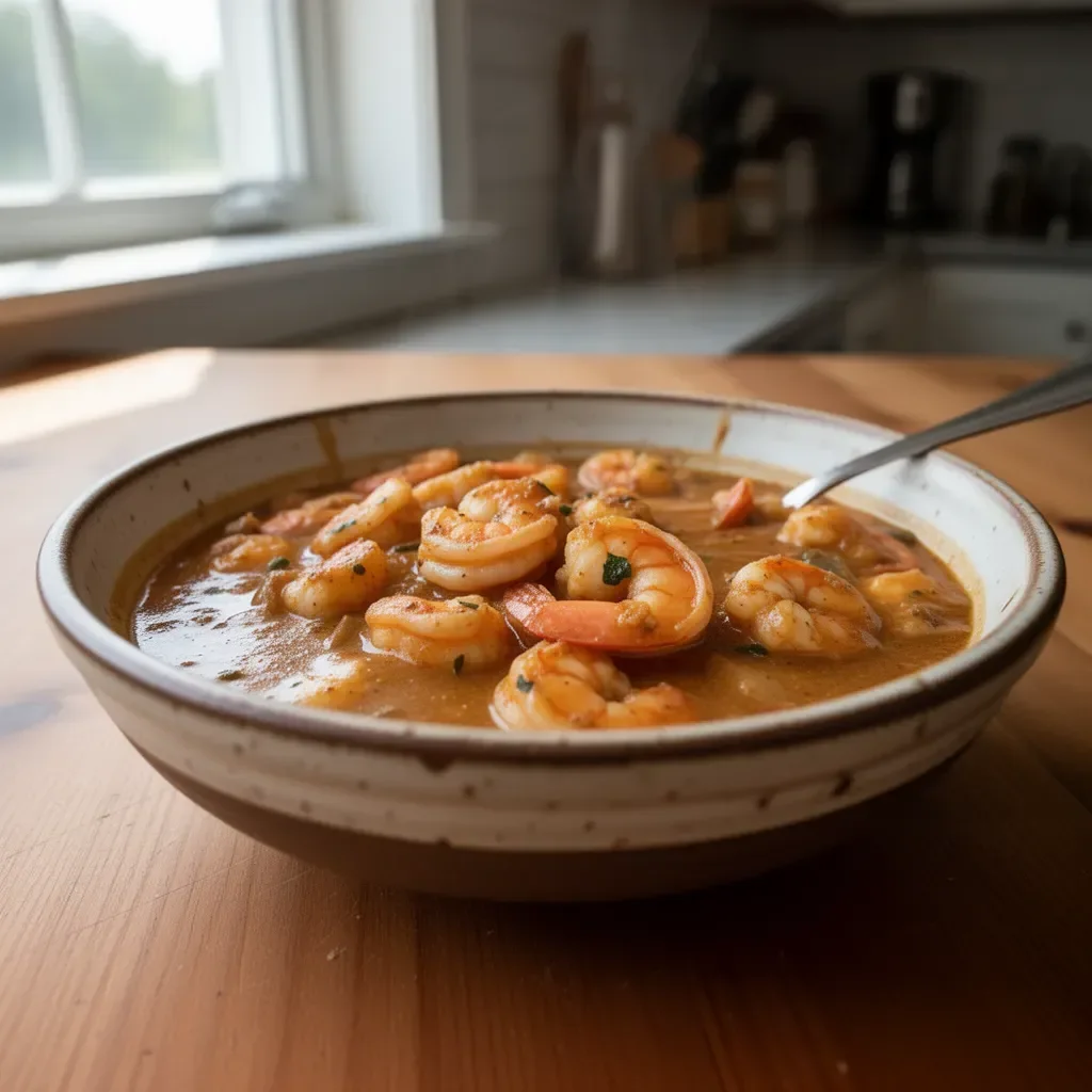 Delicious Cajun Shrimp Étouffée served with rice and garnished with green onions.