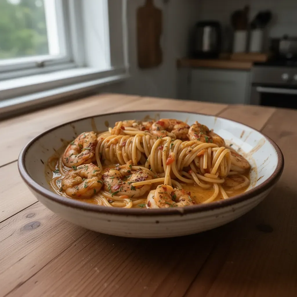 Cajun Shrimp Pasta served in a bowl with fresh ingredients
