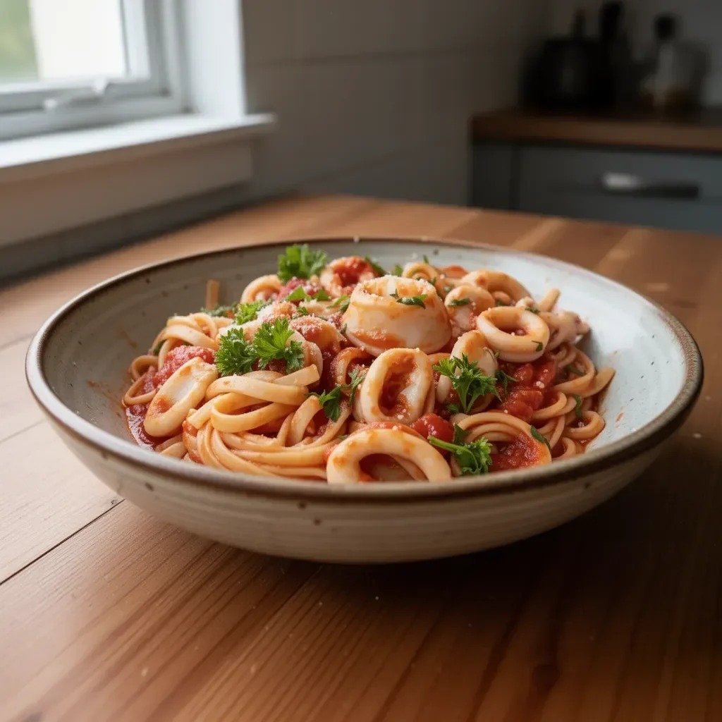 Delicious Calamari Pasta with Marinara in a bowl garnished with herbs