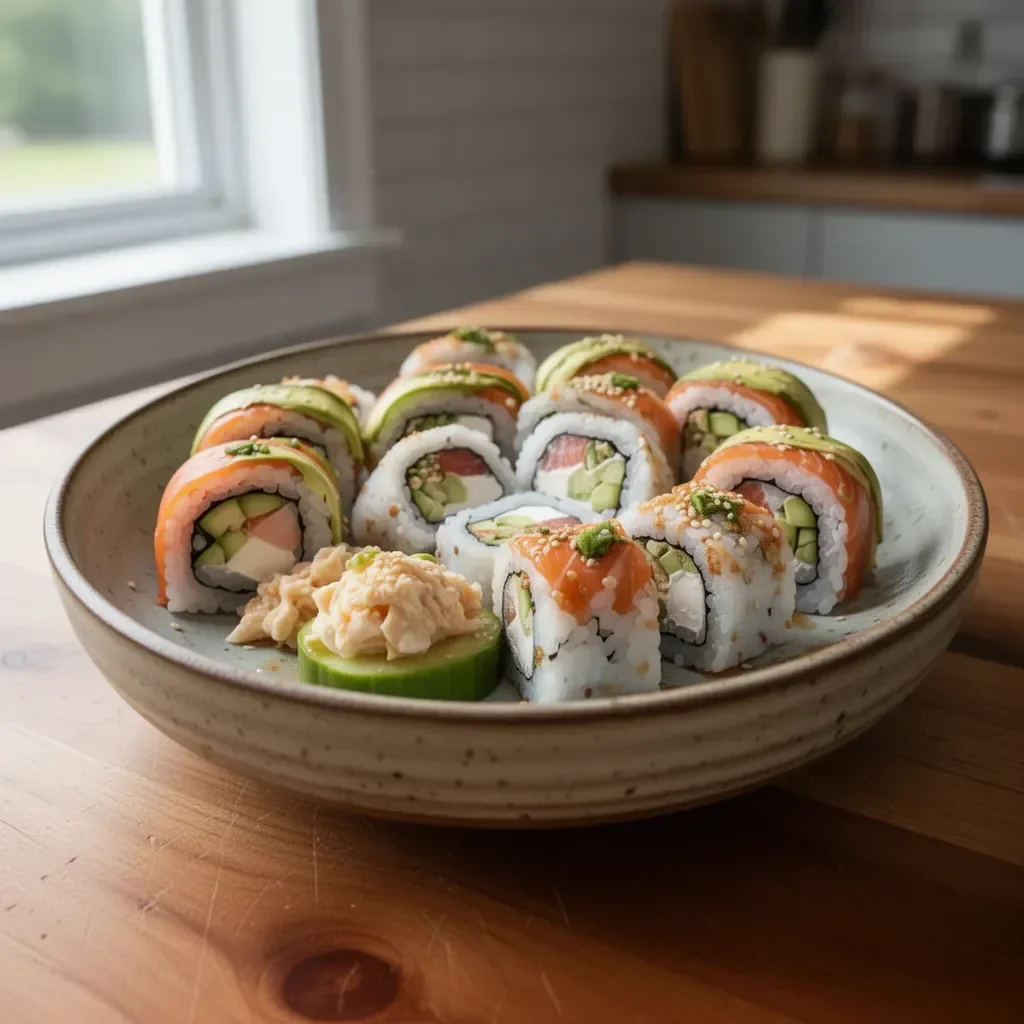 California Roll without rice, featuring fresh ingredients and vibrant colors.