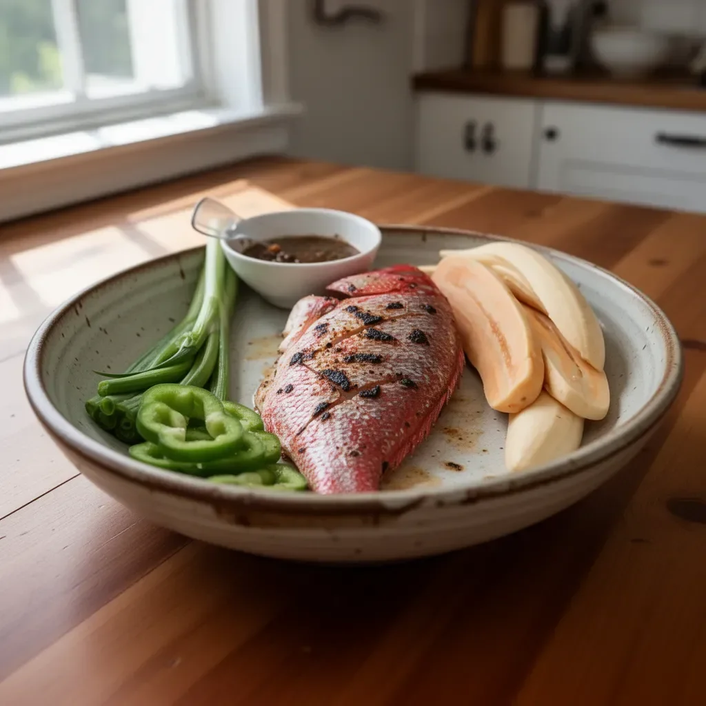 Delicious grilled whole red snapper garnished with herbs and spices