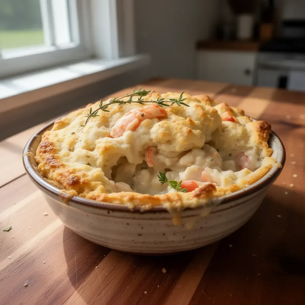 Cheddar Bay Biscuit Seafood Pot Pie garnished and ready to serve