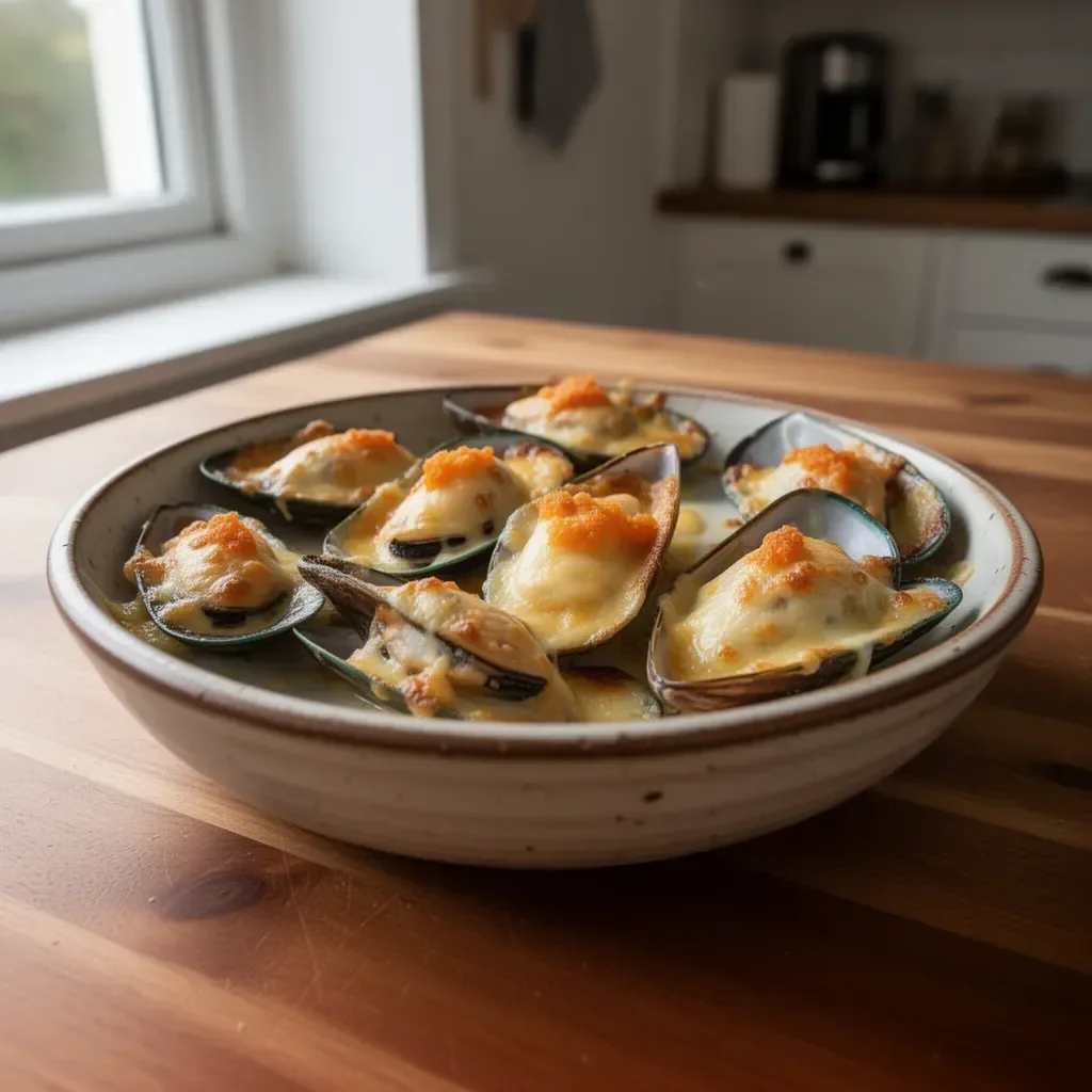 Delicious cheese-mayo baked mussels on a plate, ready to serve.