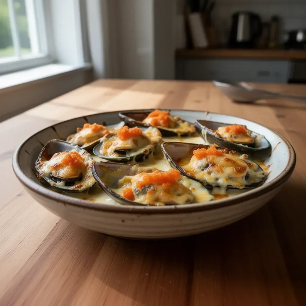 Cheese-Mayo Baked Mussels, a savory seafood dish topped with melted cheese