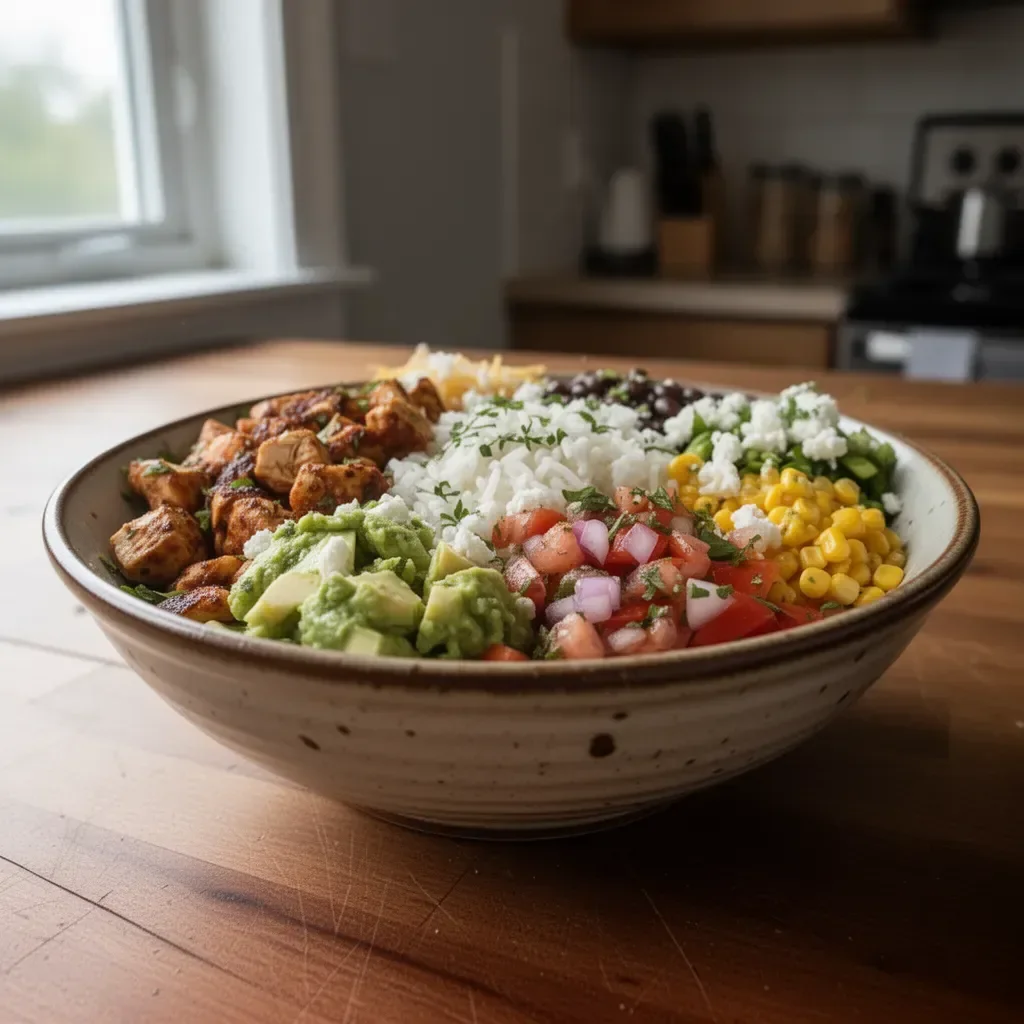 Delicious chicken burrito bowl with fresh ingredients and vibrant toppings