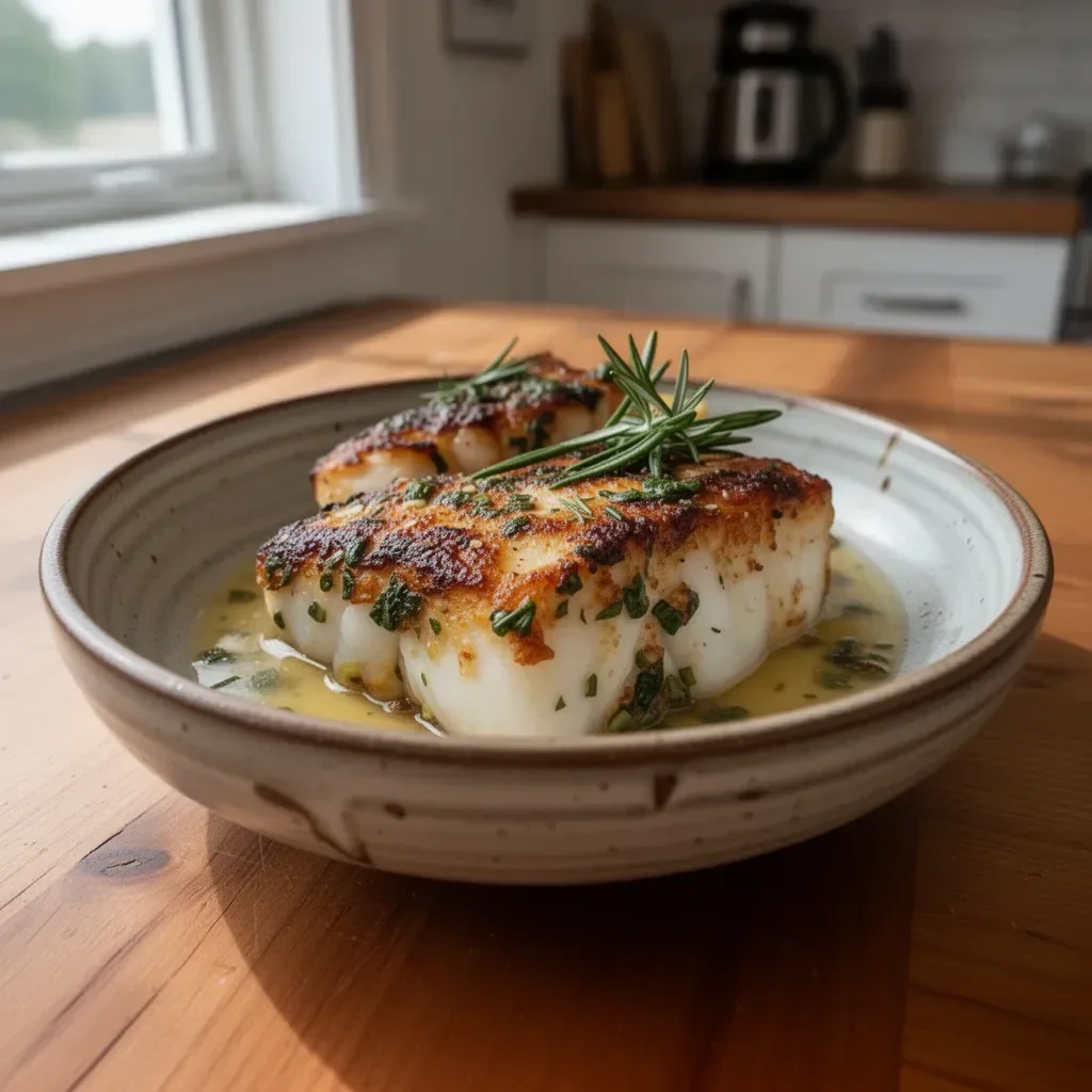 Delicious Chilean Sea Bass dish served with vegetables and herbs