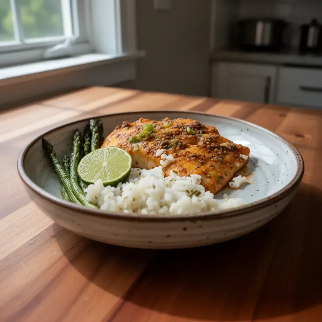 Chili Lime Baked Cod served on a plate with lime wedges and herbs