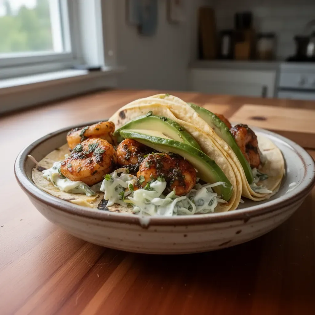 Cilantro lime shrimp tacos served with creamy slaw on a plate.