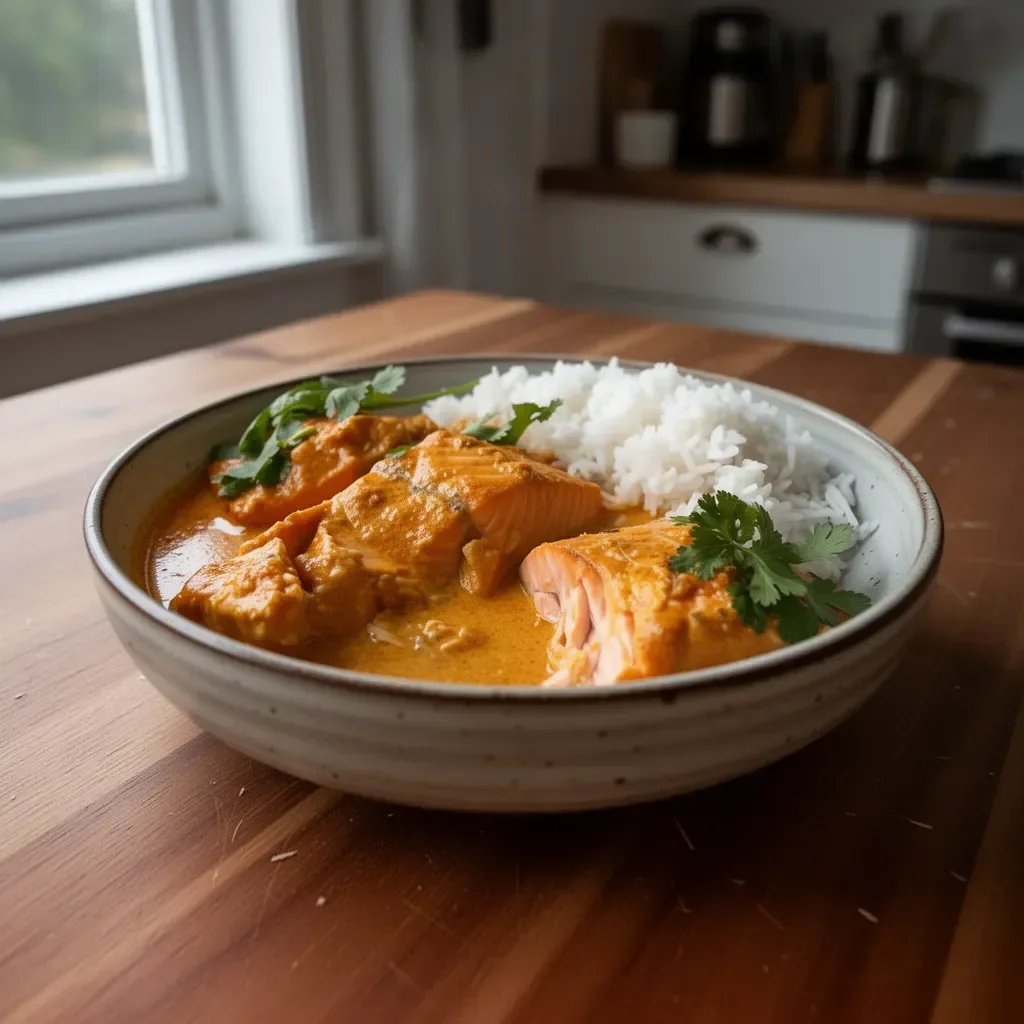 Delicious Coconut Curry Braised Salmon served with rice and vegetables