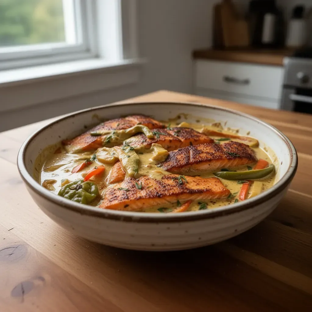 Plate of coconut curry salmon garnished with herbs and served with rice.