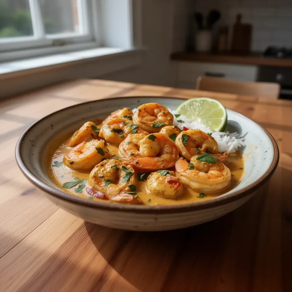 Delicious Coconut Curry Shrimp served with rice and garnished with cilantro
