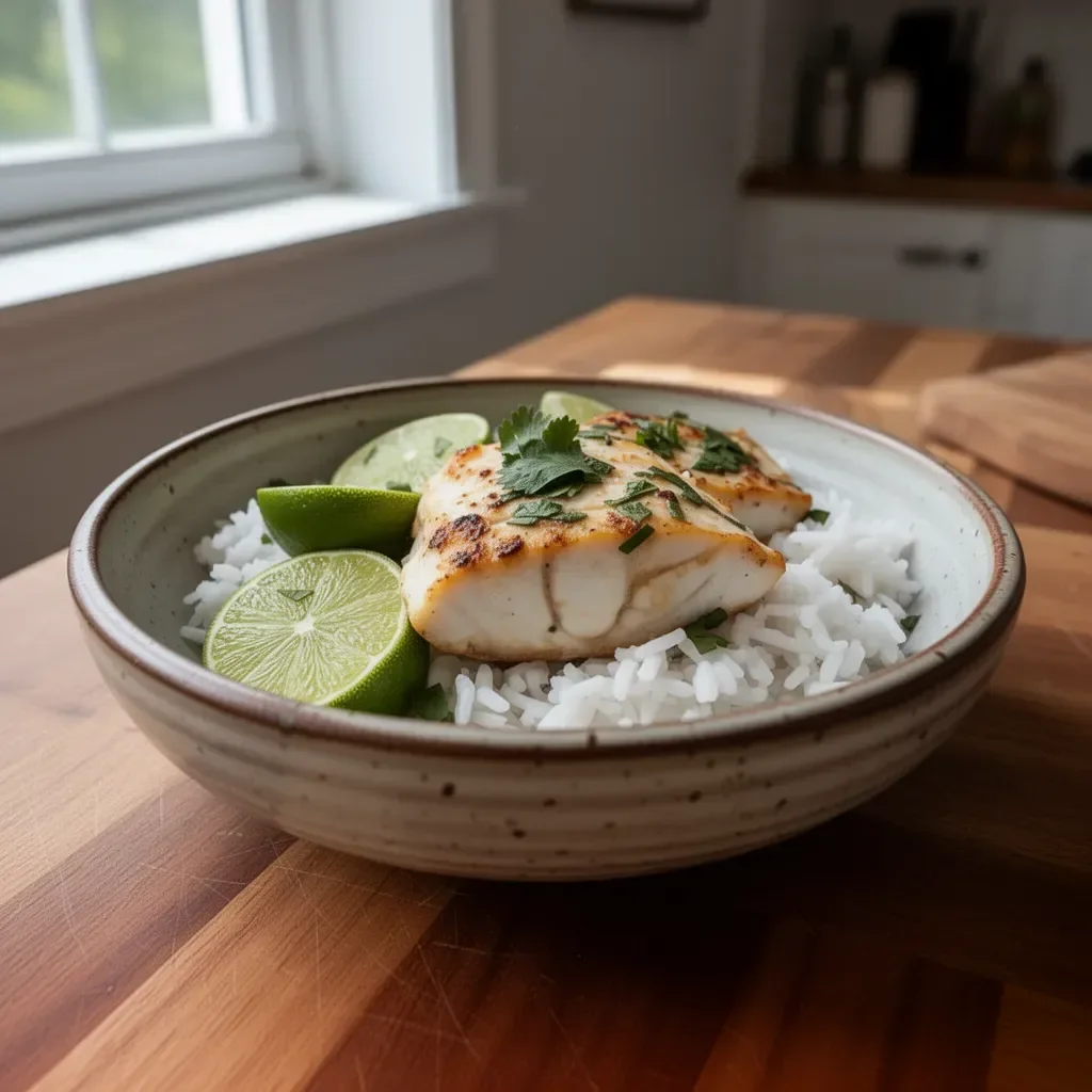 Delicious Coconut Lime Fish dish garnished with lime slices and coconut flakes.