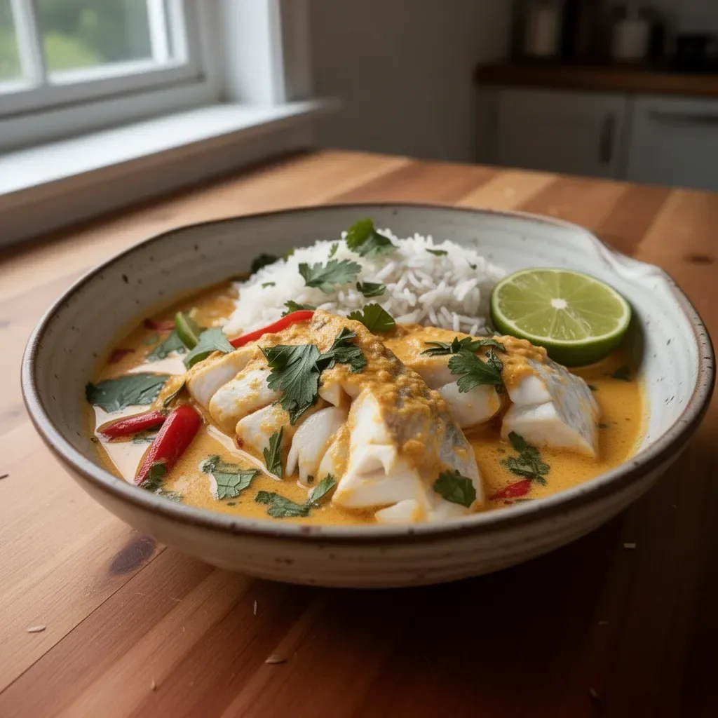 Coconut Lime Fish Curry served with fluffy Jasmine Rice in a bowl.