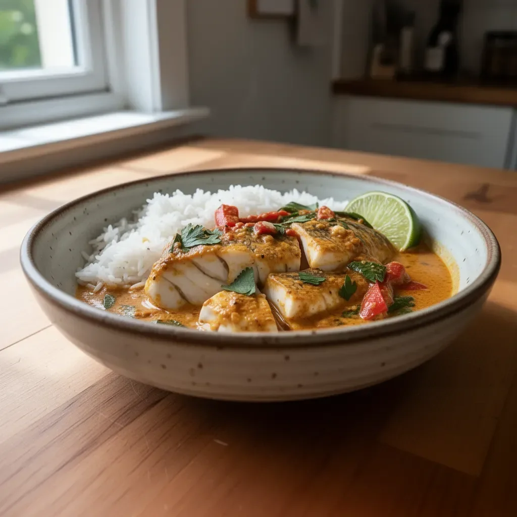 Coconut Lime Fish Curry with jasmine rice in a colorful bowl