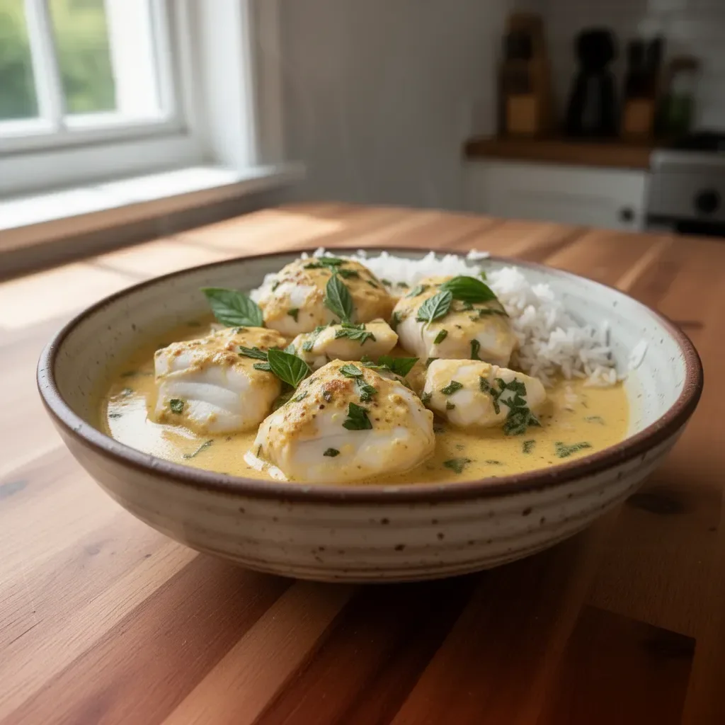 Coconut Lime Fish Curry served with Jasmine Rice on a plate
