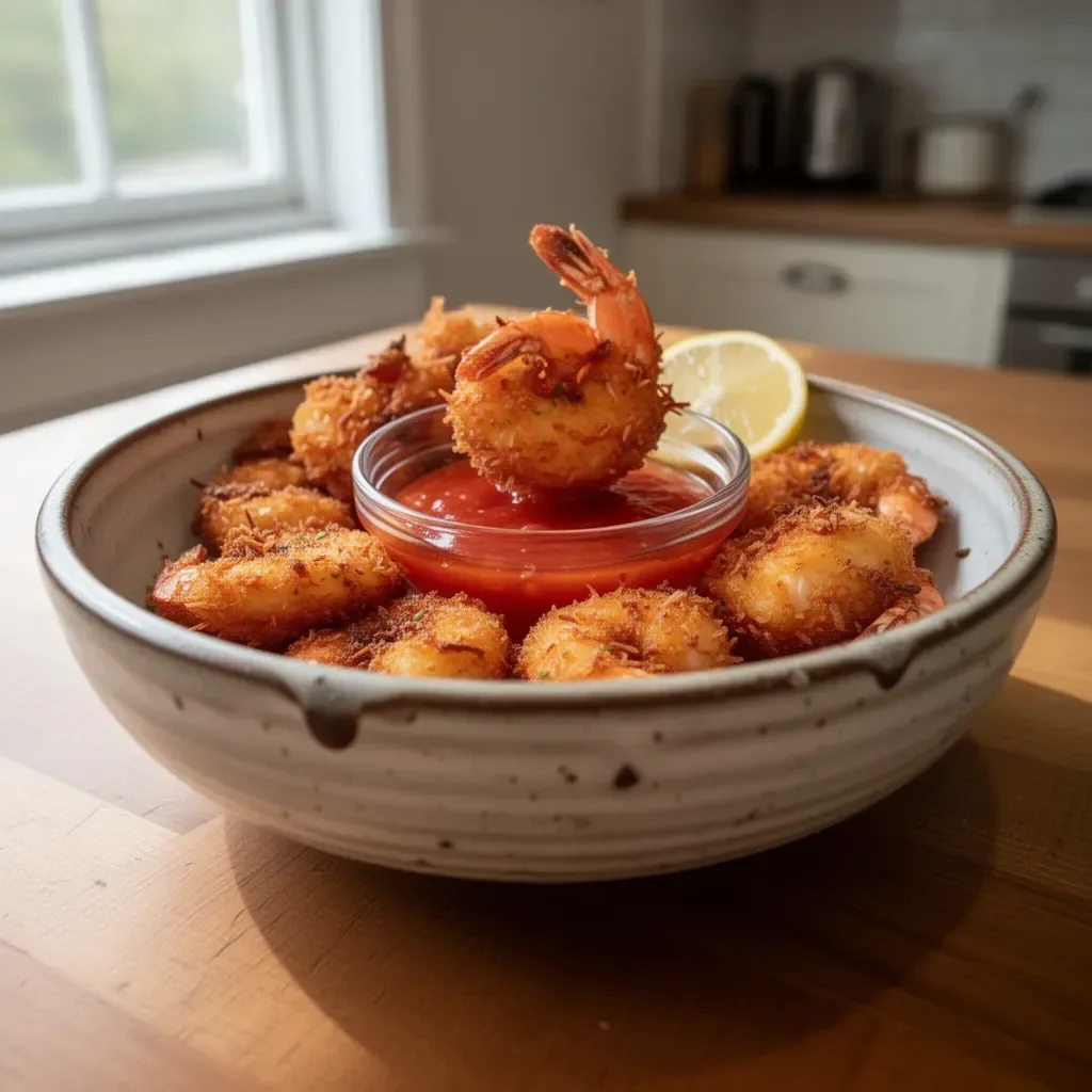 Delicious Coconut Shrimp served with dipping sauce on a plate