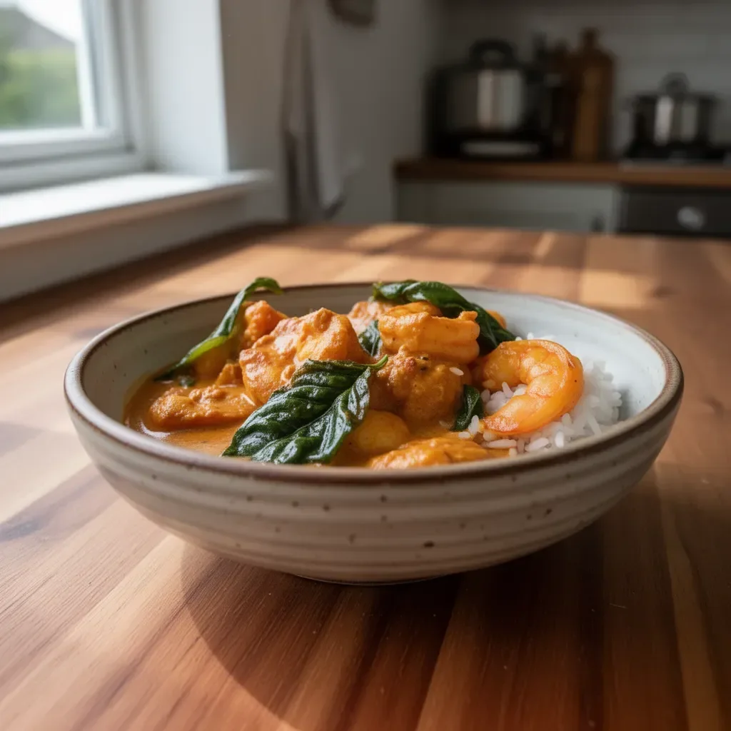 Delicious Coconut Shrimp Curry served in a bowl with fresh herbs and spices