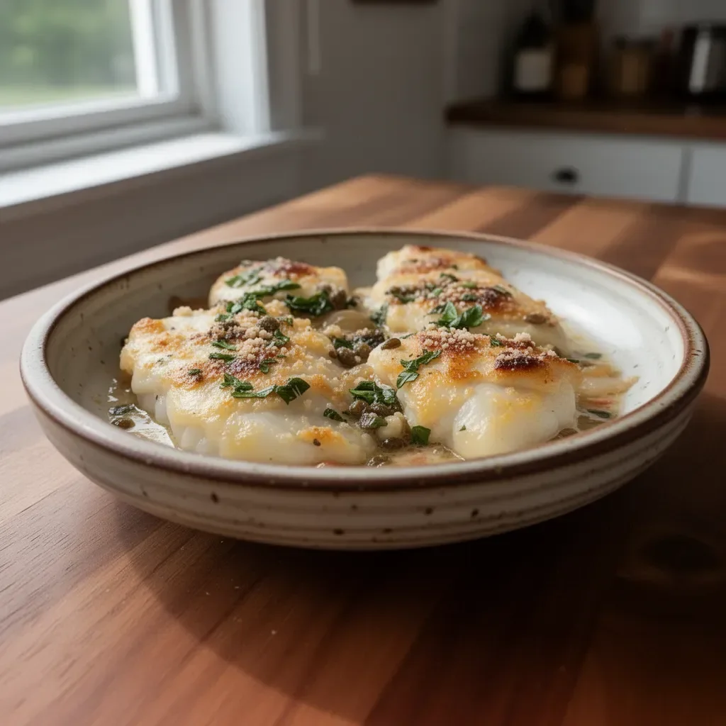 Plate of delicious Cod Piccata with lemon and capers