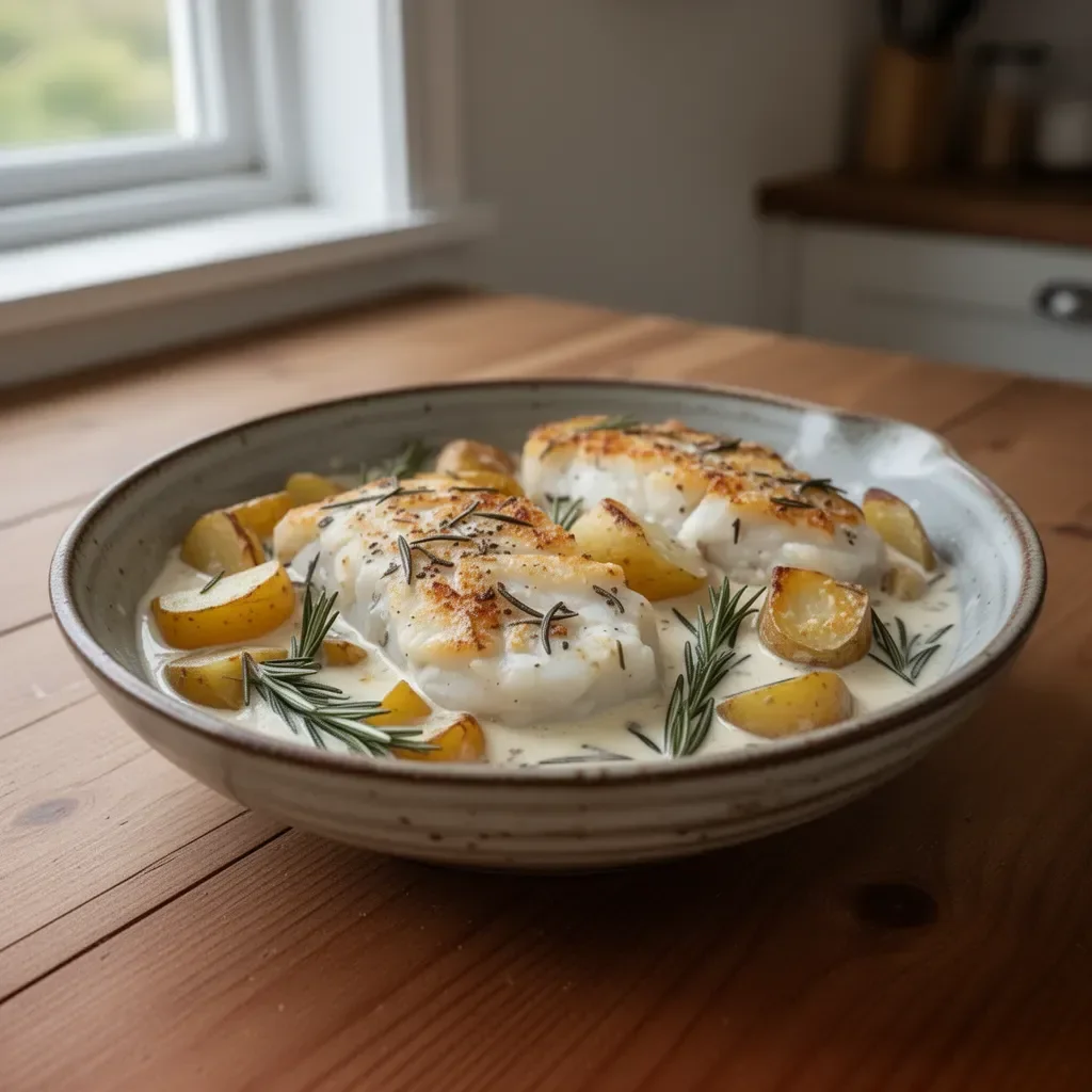 Delicious Cod and Potatoes served in rosemary cream sauce