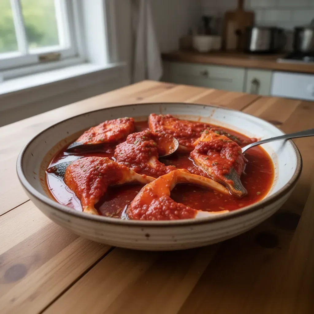 Sea bass fillets cooked in a spicy savory red sauce garnished with herbs