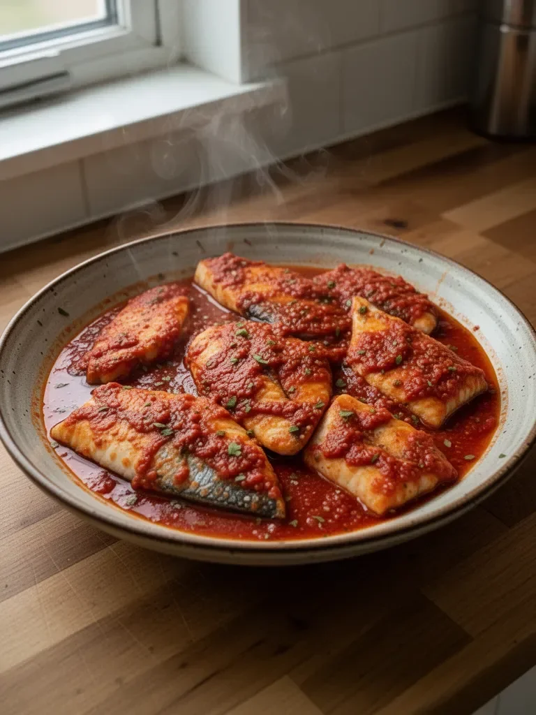 Cooking Sea Bass Fillets in a Spicy Savory Red Sauce