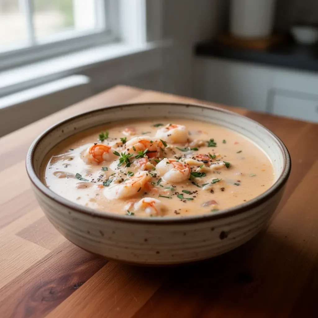 Delicious crab and shrimp seafood bisque in a bowl, garnished with herbs.