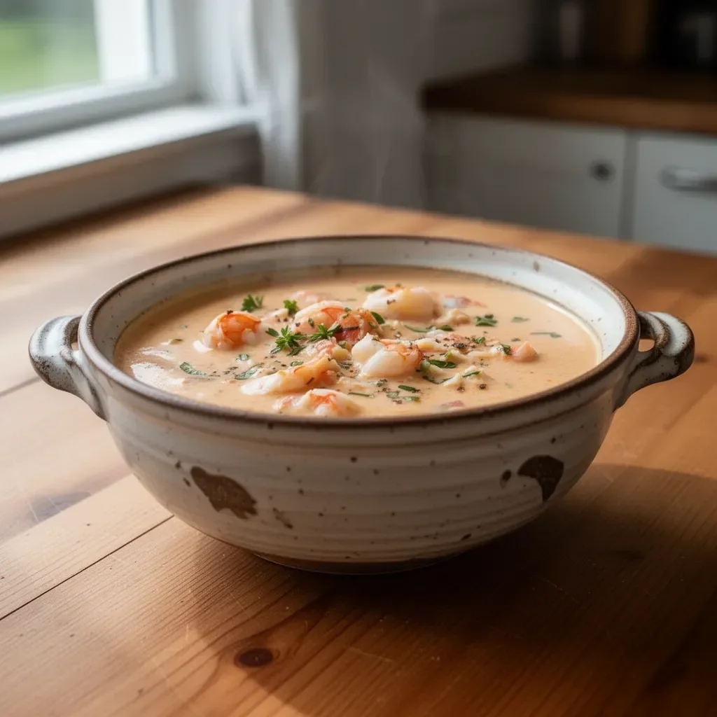 Bowl of crab and shrimp seafood bisque garnished with herbs