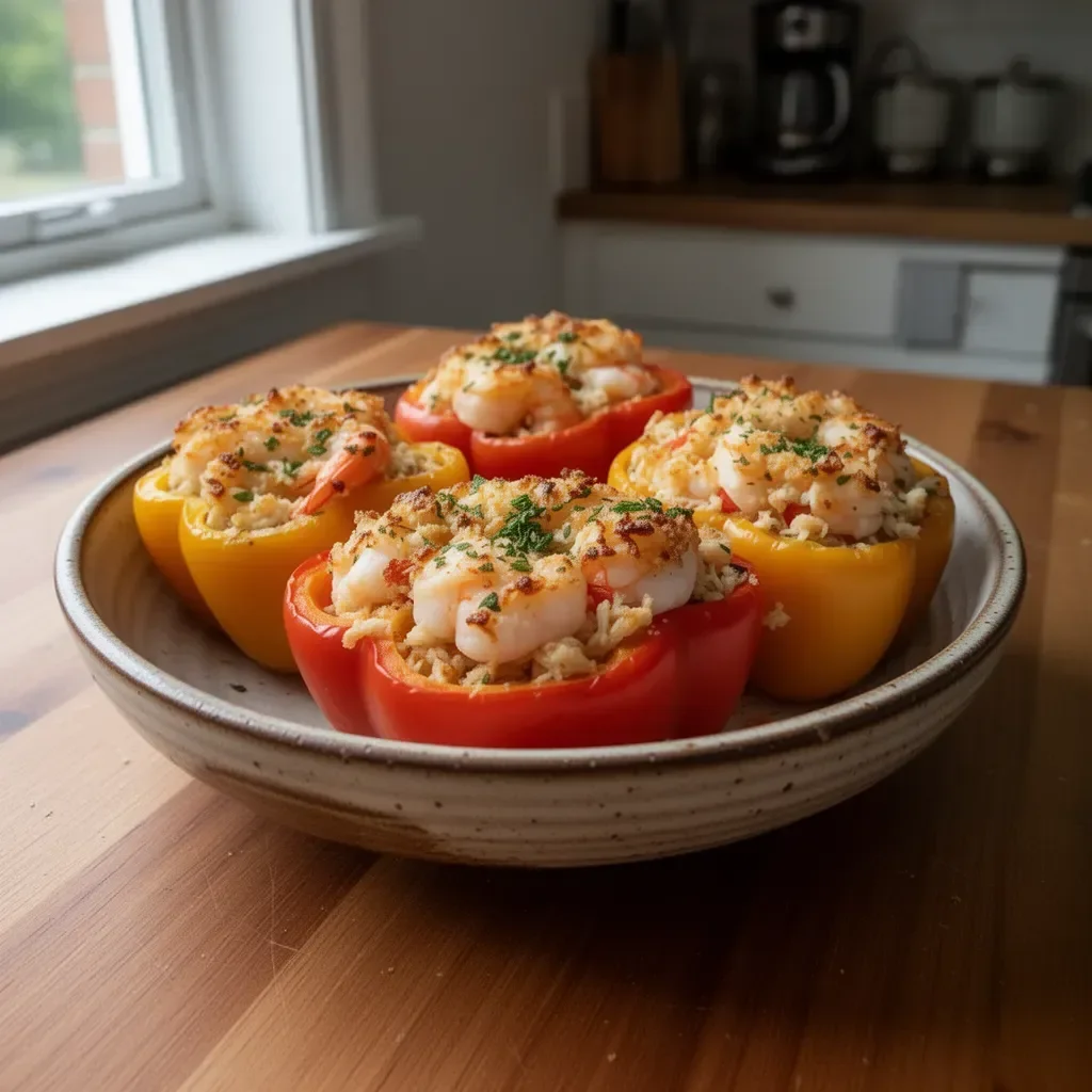 Delicious crab and shrimp stuffed bell peppers ready to be served.