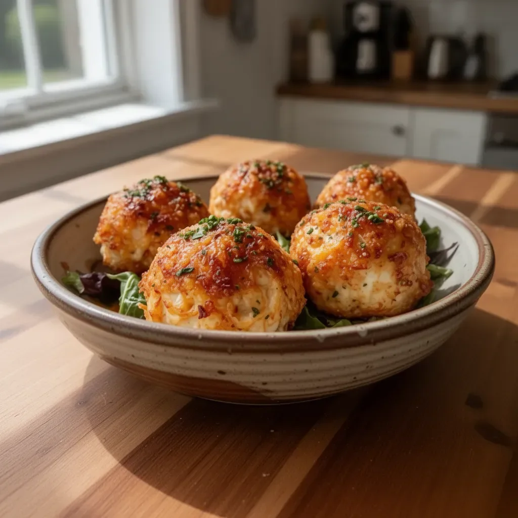 Delicious crab bombs served on a plate with garnish