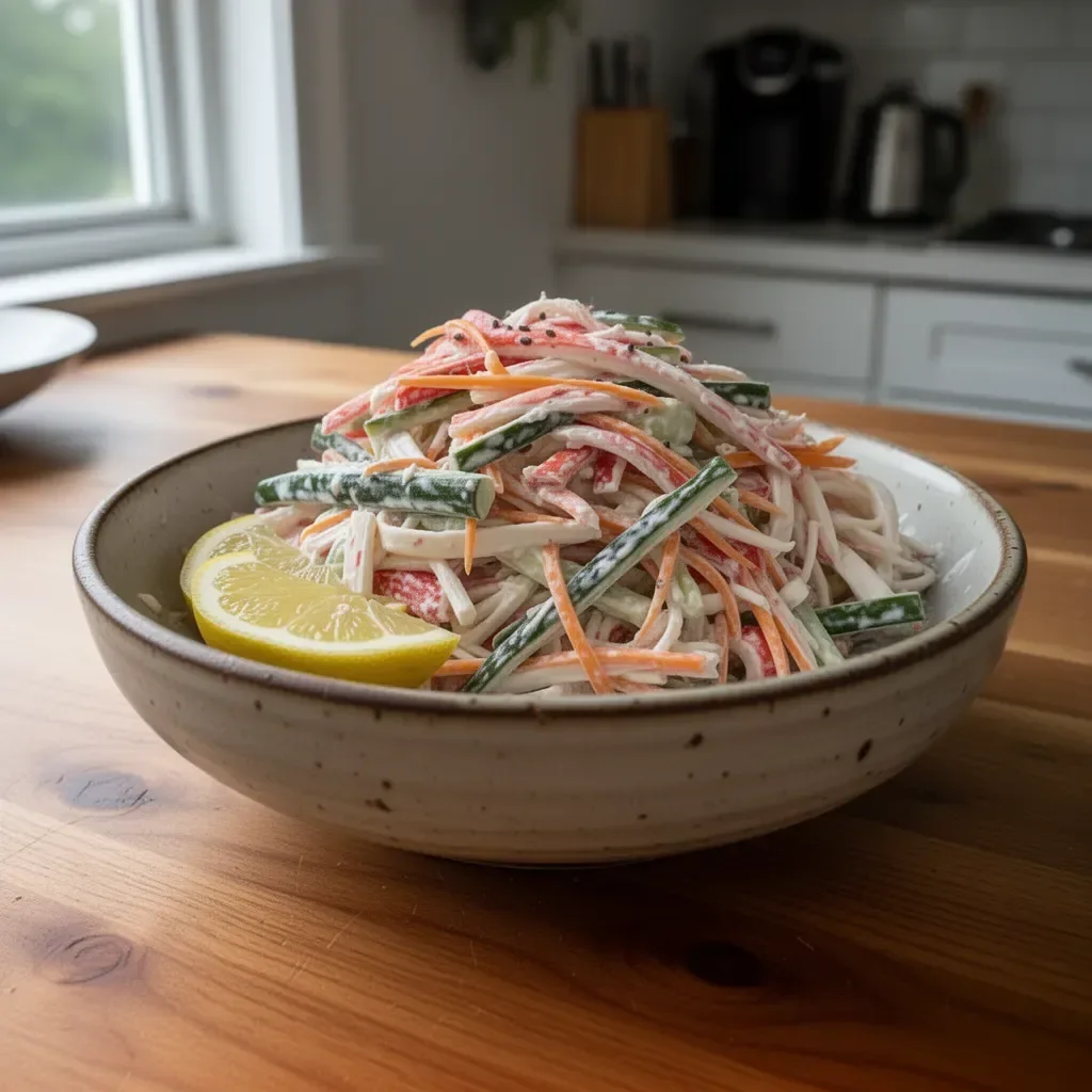 Fresh and colorful crab salad served in a bowl with greens.