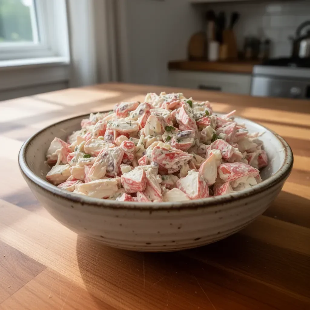 Delicious crab salad served in a bowl with fresh ingredients